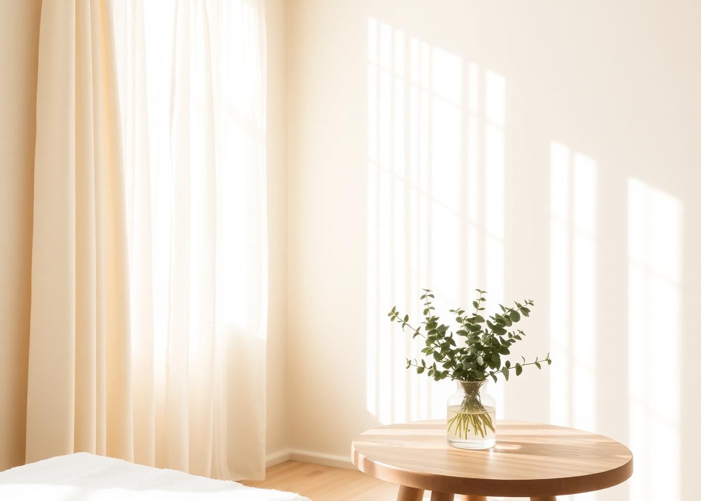 Sunlit minimalist interior with a vase of eucalyptus